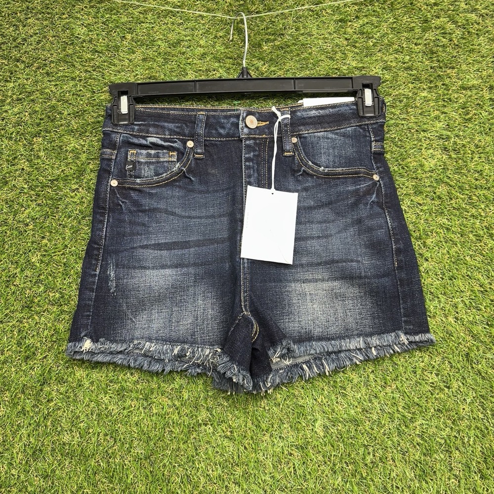 KanCan Dark Wash Denim Frayed Hem Women's Shorts